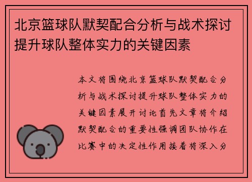 北京篮球队默契配合分析与战术探讨提升球队整体实力的关键因素
