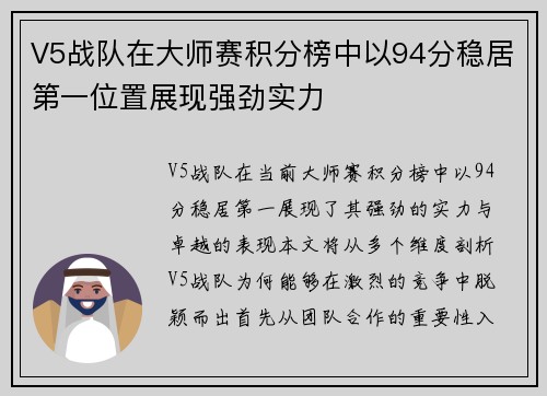 V5战队在大师赛积分榜中以94分稳居第一位置展现强劲实力