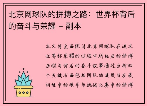 北京网球队的拼搏之路：世界杯背后的奋斗与荣耀 - 副本